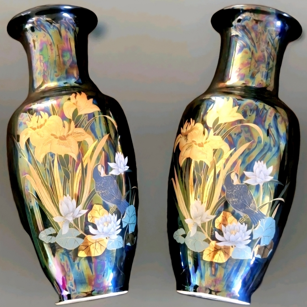 Japanese Pair Of Mid Century Vases Feat. Birds & Water Scene, Iridescent